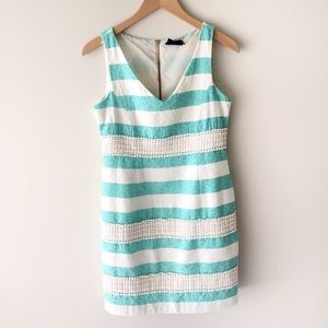 Taylor Aqua White Stripe Crochet Trim Sheath Dress